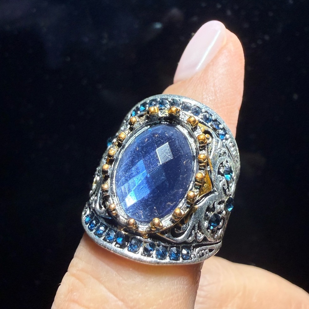 925 silver & gold Elegant Blue  Statement Ring